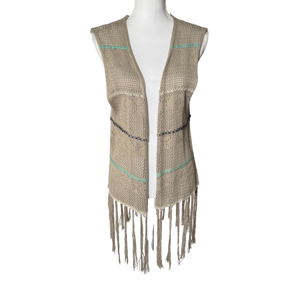 Umgee Tan Crochet Knit Fringe Vest 1XL Open Front Boho Festival *RUNS‎ SMALL